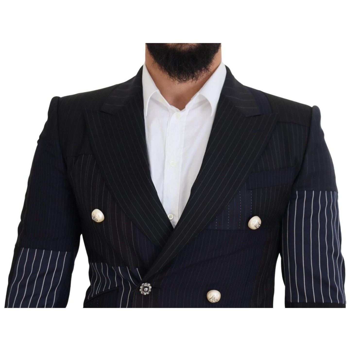 Dolce & Gabbana Blue Wool Patchwork Double Breasted Blazer JKT3452 - 46