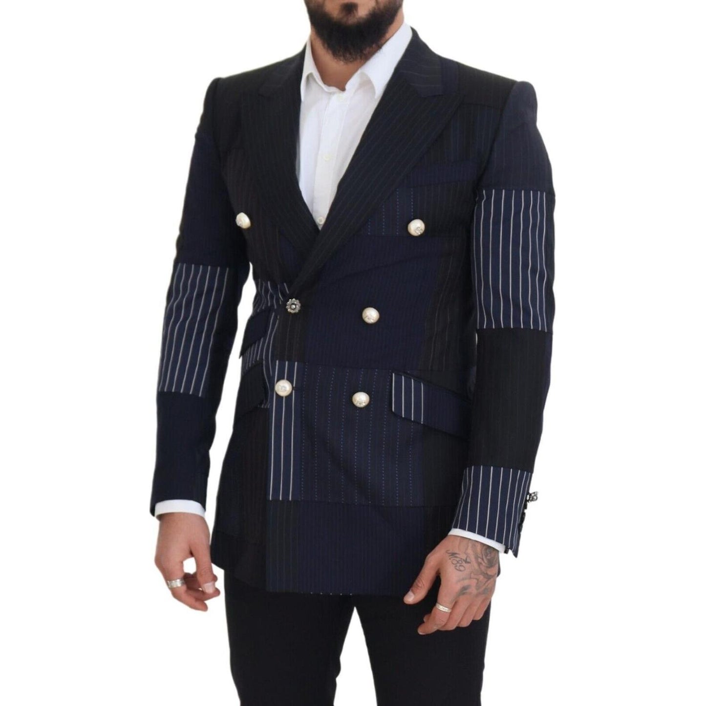 Dolce & Gabbana Blue Wool Patchwork Double Breasted Blazer JKT3452 - 46