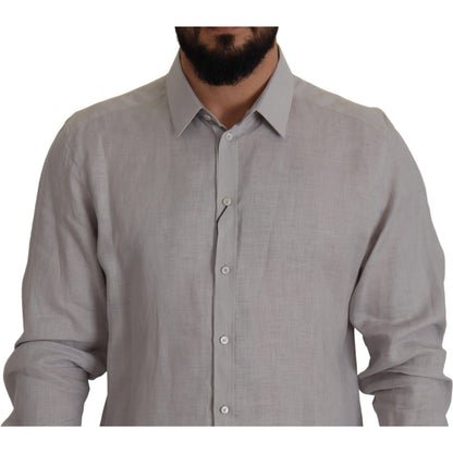 Dolce & Gabbana Gray Linen Long Sleeves Formal GOLD Shirt