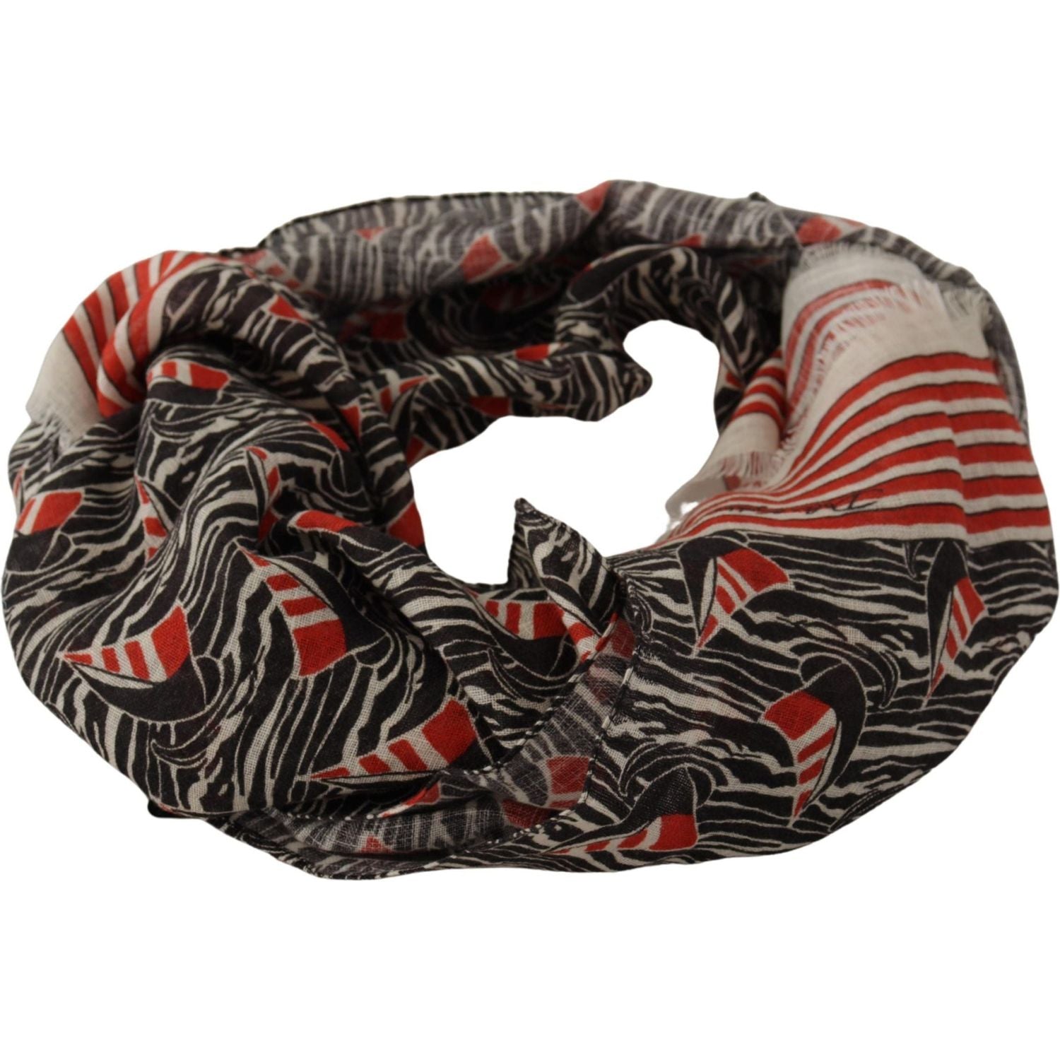 Dolce & Gabbana Black Red Linen Sailboat Stripe Print Shawl Scarf