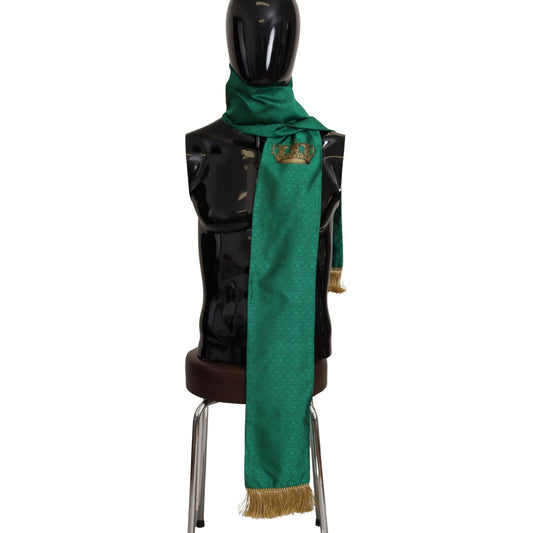 Dolce & Gabbana Green Crown Embroidered Shawl Fringe Blend Silk MS6205
