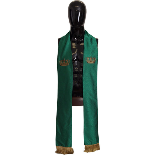 Dolce & Gabbana Green Crown Embroidered Shawl Fringe Blend Silk MS6205