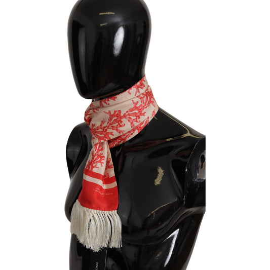 Dolce & Gabbana White Red Coral Print Shawl Wrap Fringe Scarf MS6216
