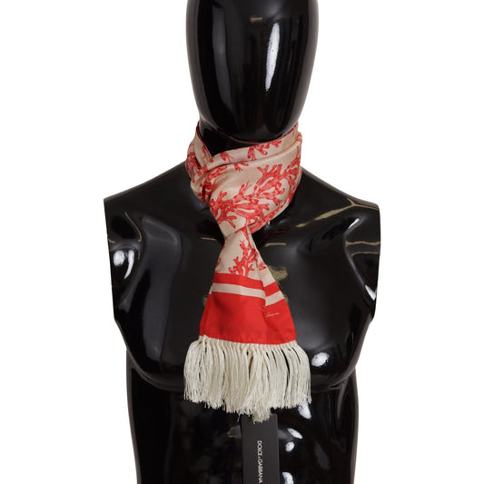 Dolce & Gabbana White Red Coral Print Shawl Wrap Fringe Scarf MS6216