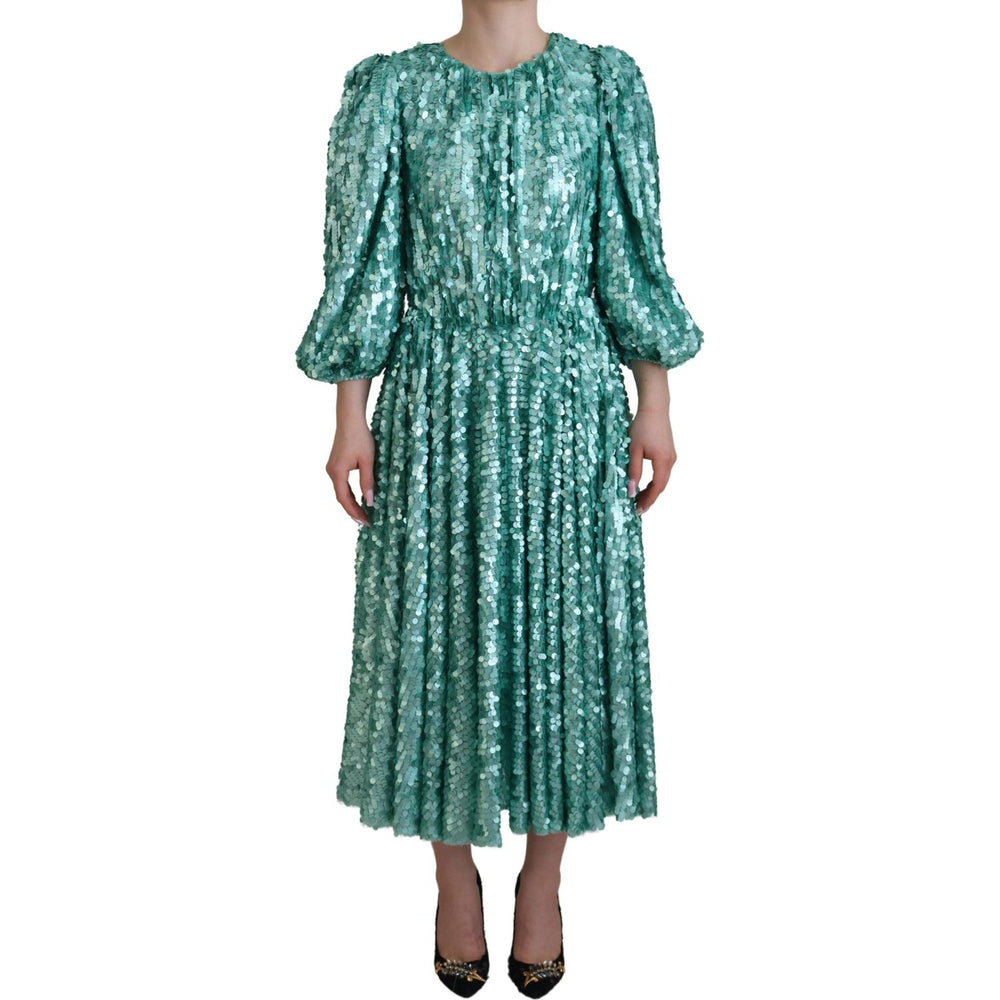 Dolce & Gabbana Blue Sequined Pleated Aline Midi Nylon Dress DR28791 - 40