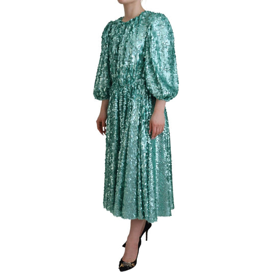 Dolce & Gabbana Blue Sequined Pleated Aline Midi Nylon Dress DR28791 - 40