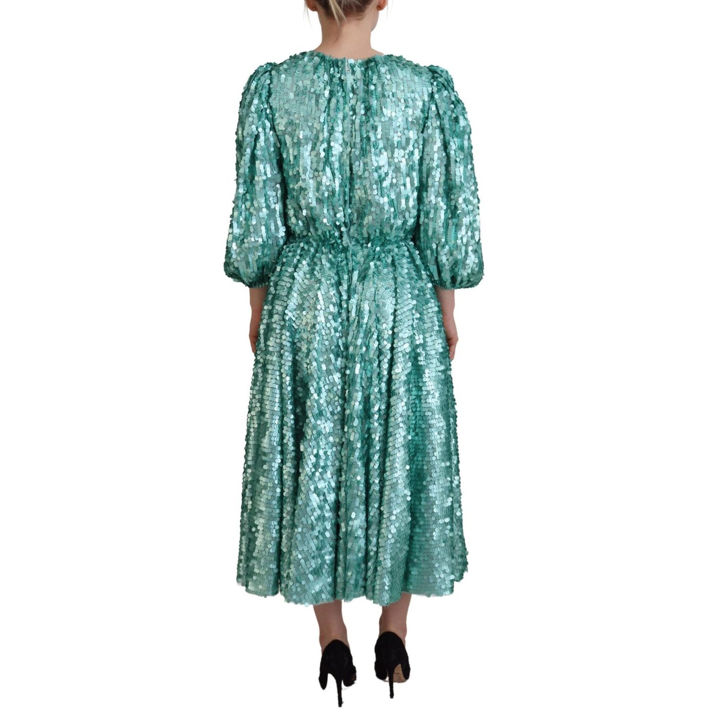 Dolce & Gabbana Blue Sequined Pleated Aline Midi Nylon Dress DR28791 - 40