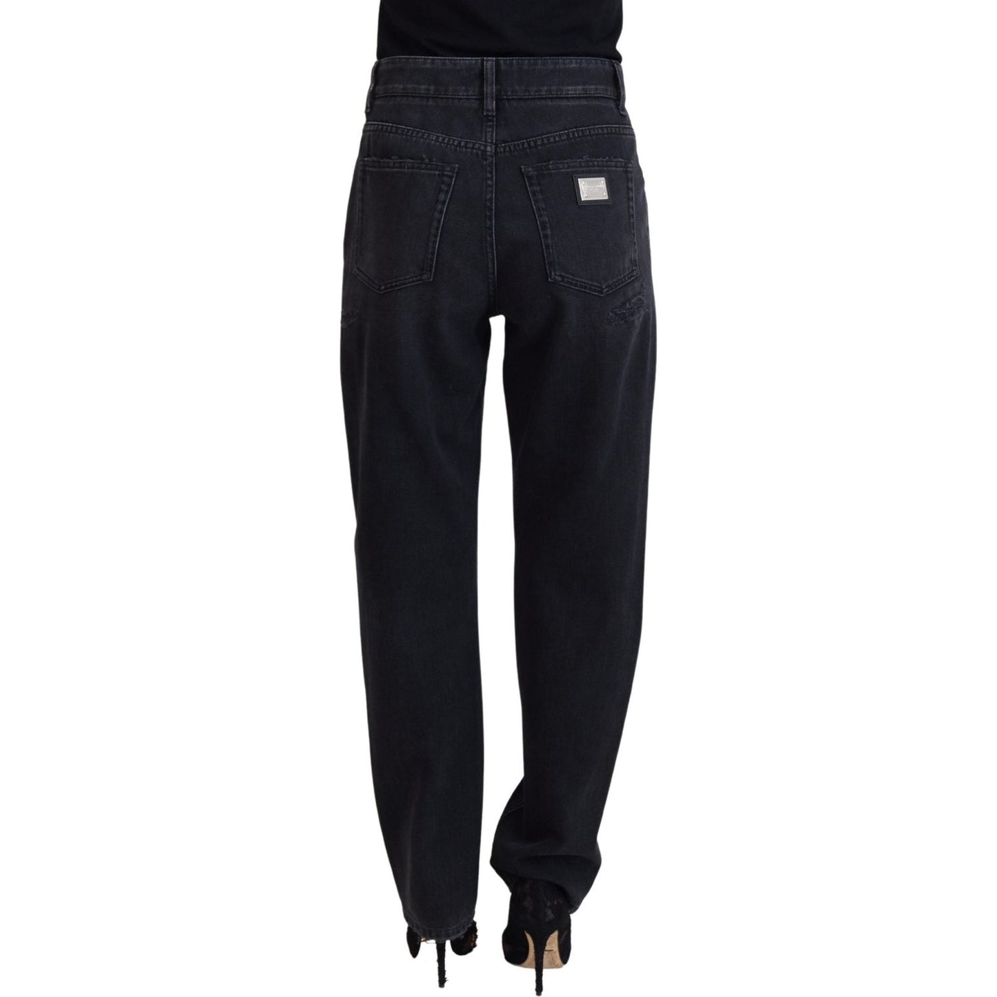 Dolce & Gabbana Black Cotton Tattered High Waist Denim Jeans