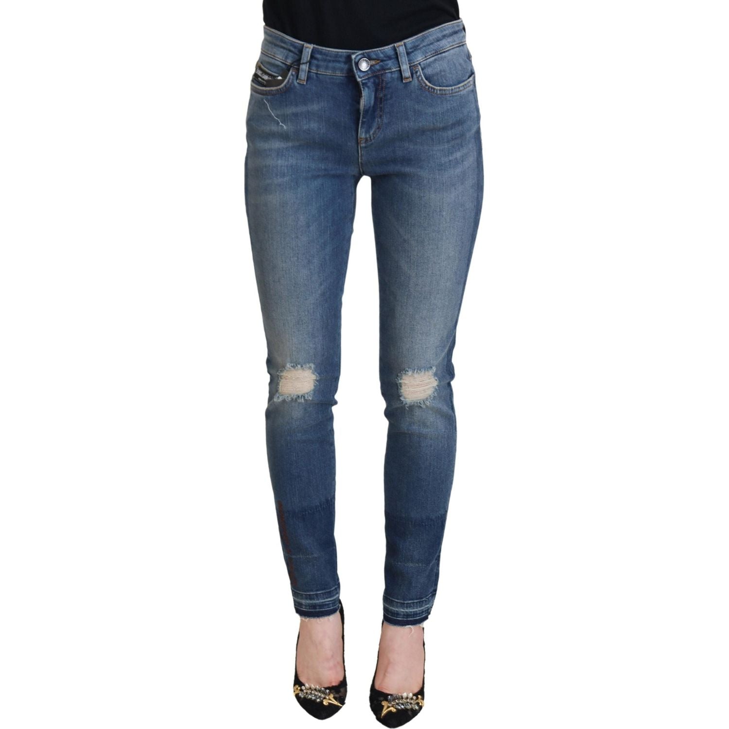 Dolce & Gabbana Blue Washed Cotton Tattered Denim Jeans