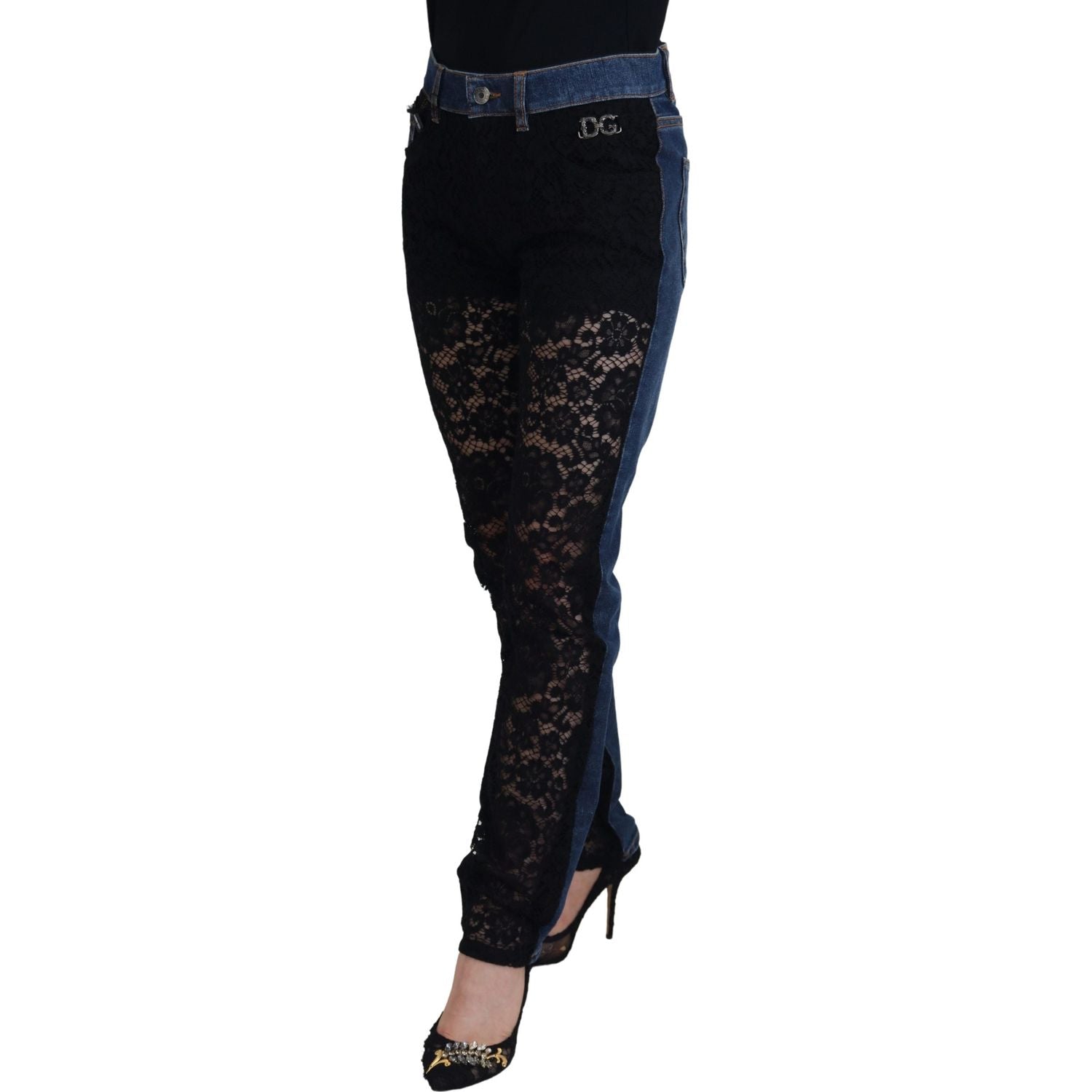 Dolce & Gabbana Black Floral Lace Front Skinny Denim Jeans