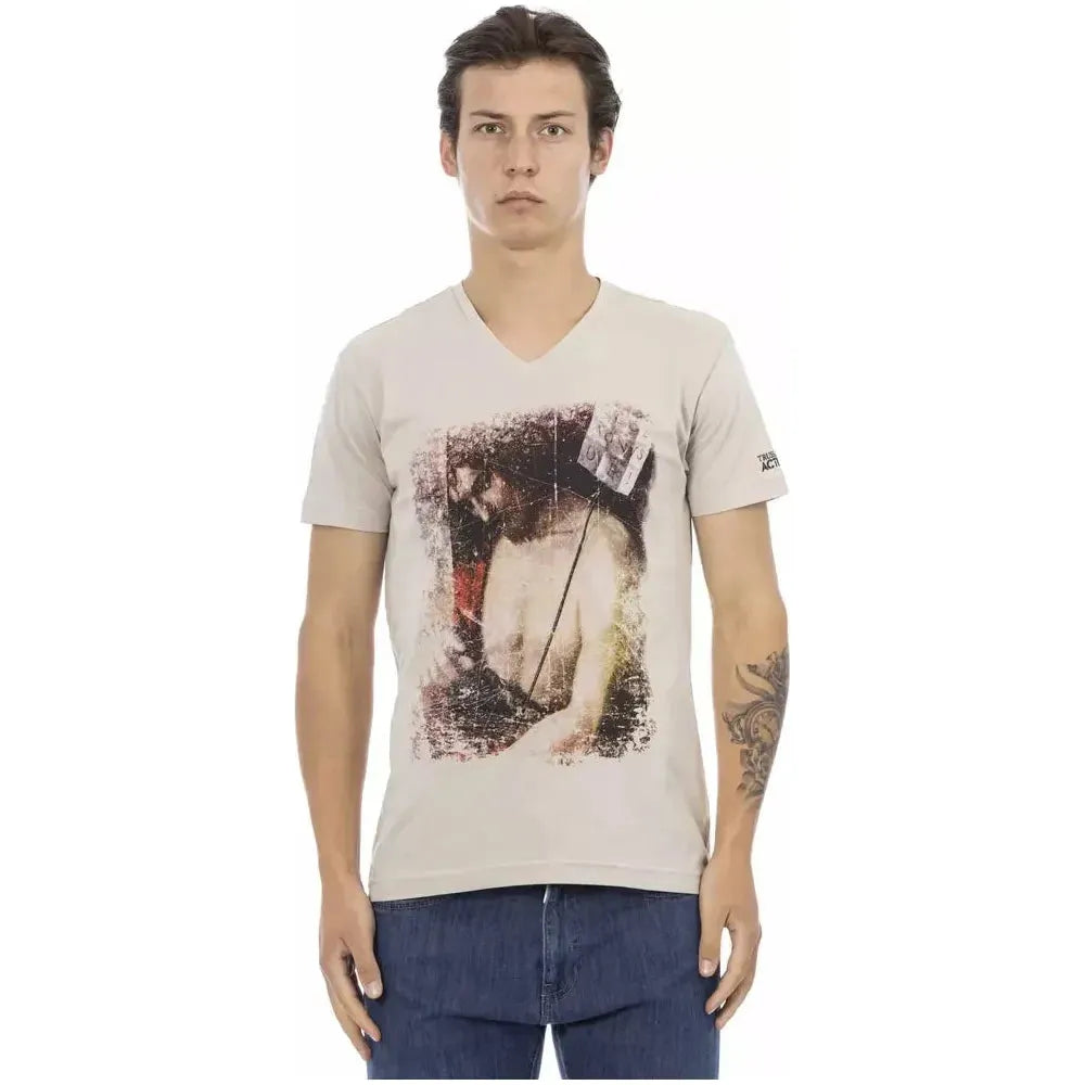 Trussardi Action Beige Cotton Men V-neck T-shirt