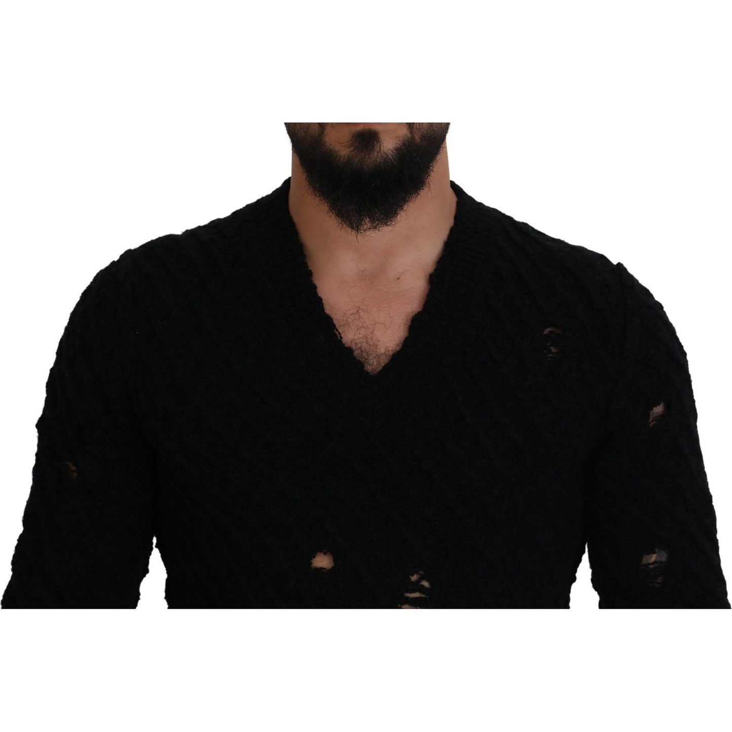 Dolce & Gabbana Black Wool V-neck Knitted Pullover Sweater