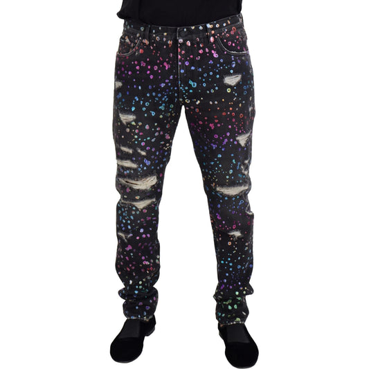 Dolce & Gabbana Black Multicolor Print Tattered Denim Jeans PAN73302 - 50