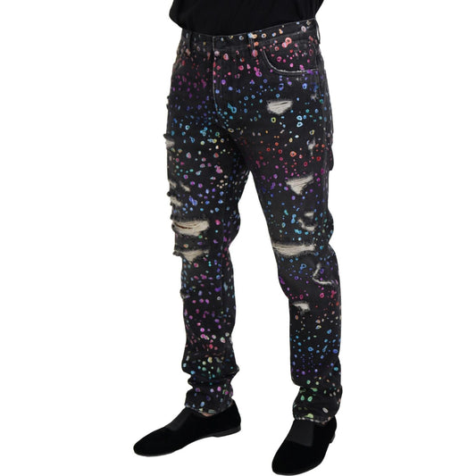 Dolce & Gabbana Black Multicolor Print Tattered Denim Jeans PAN73302 - 50