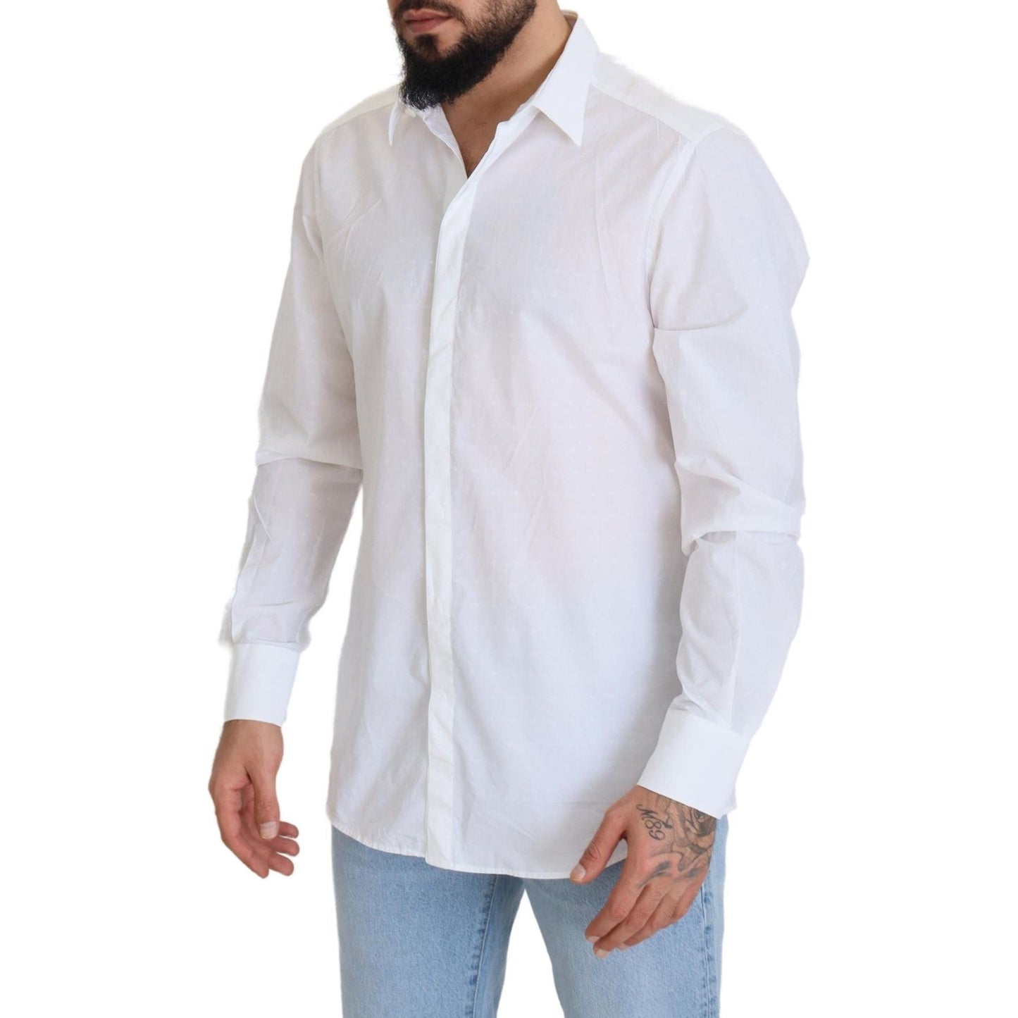 Dolce & Gabbana White Cotton Slim Fit Formal Dress GOLD Shirt TSH83044 - 43