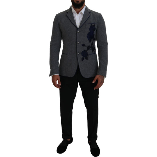 Dolce & Gabbana Gray Wool Roses Slim Fit Jacket Blazer KOS2111- 44