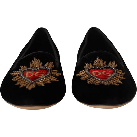 Dolce & Gabbana Black DG Sacred Heart Patch Slip On Flat Shoes LA9901 - 35