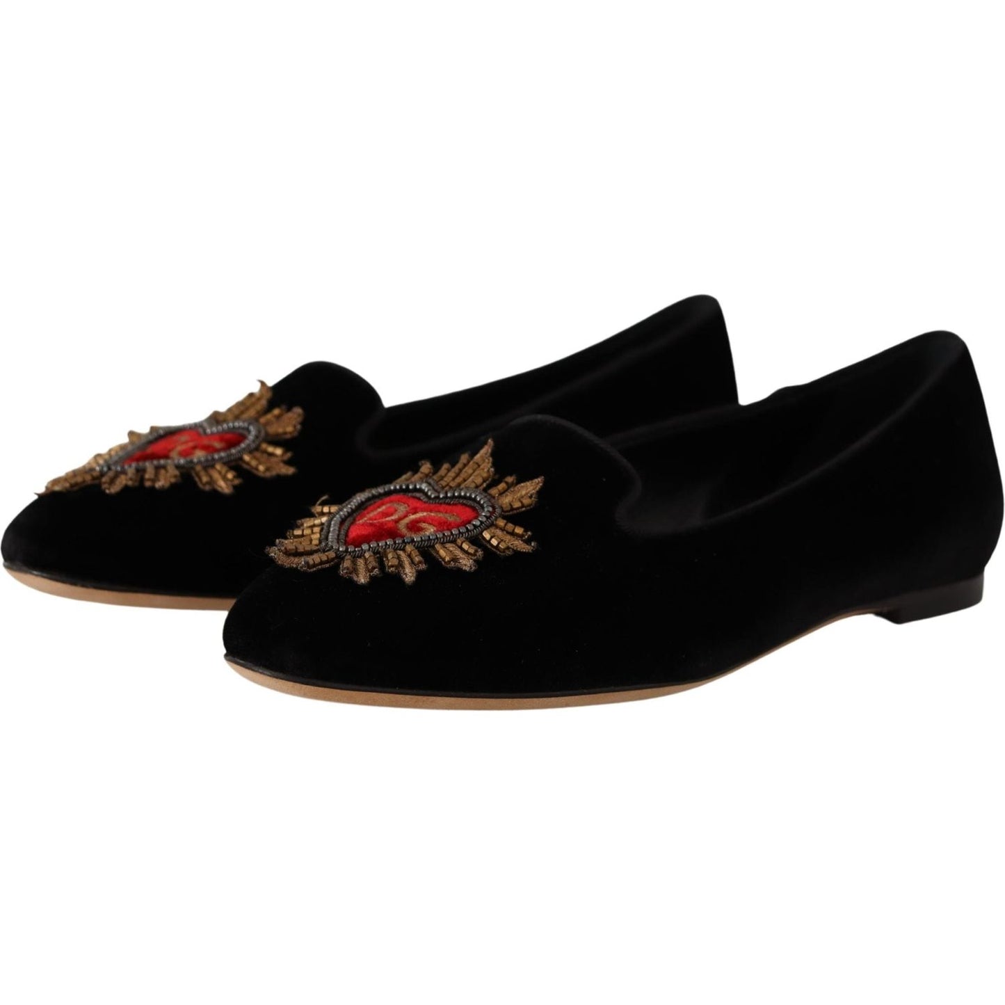 Dolce & Gabbana Black DG Sacred Heart Patch Slip On Flat Shoes LA9901 - 35