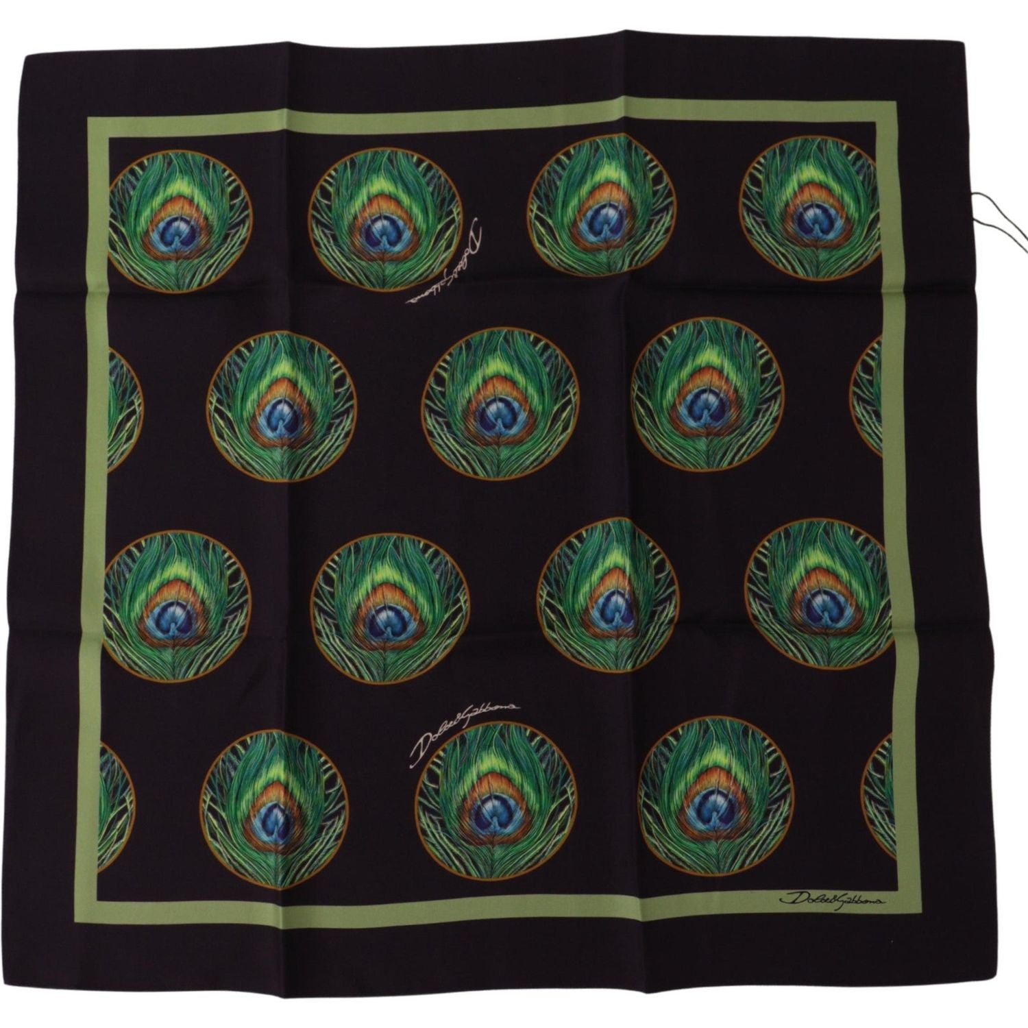 Dolce & Gabbana Black Peacock Feather DG Printed Square Handkerchief Scarf
