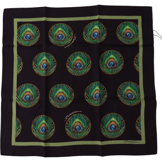 Dolce & Gabbana Black Peacock Feather DG Printed Square Handkerchief Scarf
