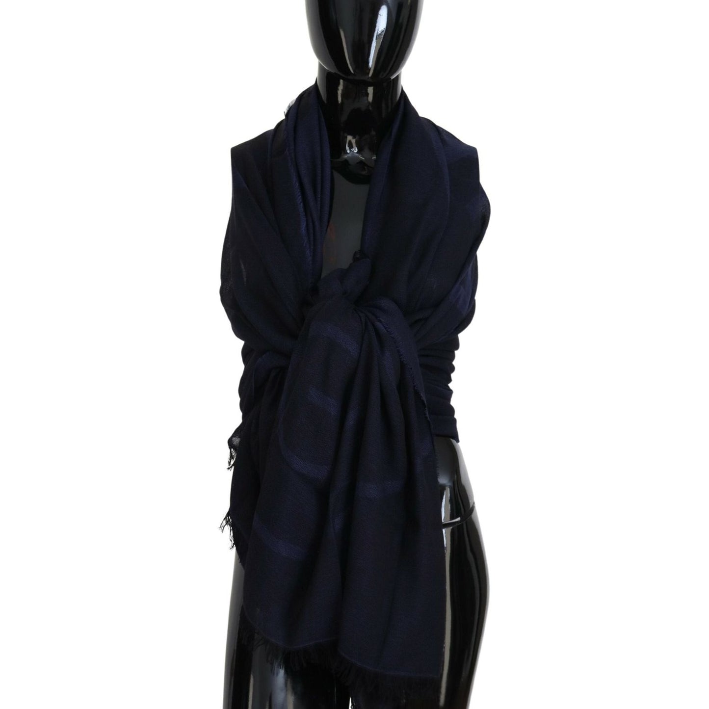 GF Ferre Dark Blue Wool Neck Wrap Shawl Fringes Scarf MS6858