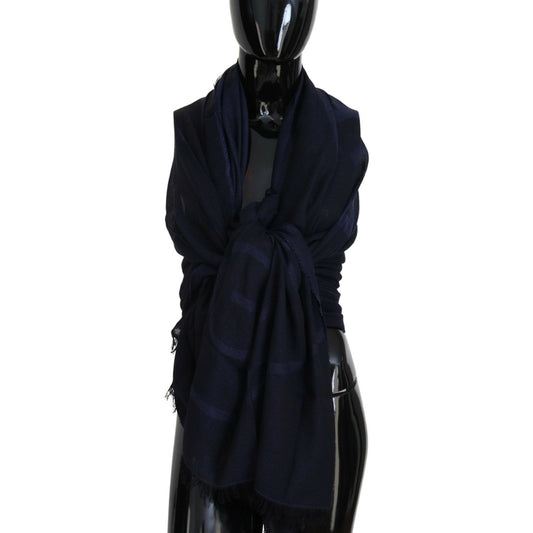 GF Ferre Dark Blue Wool Neck Wrap Shawl Fringes Scarf MS6858