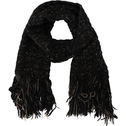 Dolce & Gabbana Black Wool Knitted Wrap Foulard Fringe Scarf MS6829