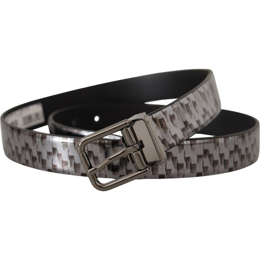 Dolce & Gabbana Gray Herringbone Leather Gray 3D Metal Buckle Belt BEL8463 - 90