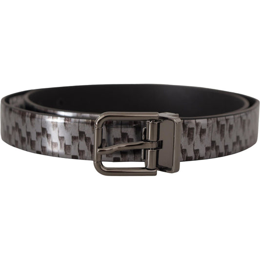 Dolce & Gabbana Gray Herringbone Leather Gray 3D Metal Buckle Belt BEL8463 - 90