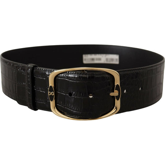 Dolce & Gabbana Black Crocodile Print Gold Metal DG Logo Buckle Belt WMB138 - 75