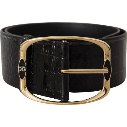 Dolce & Gabbana Black Crocodile Print Gold Metal DG Logo Buckle Belt