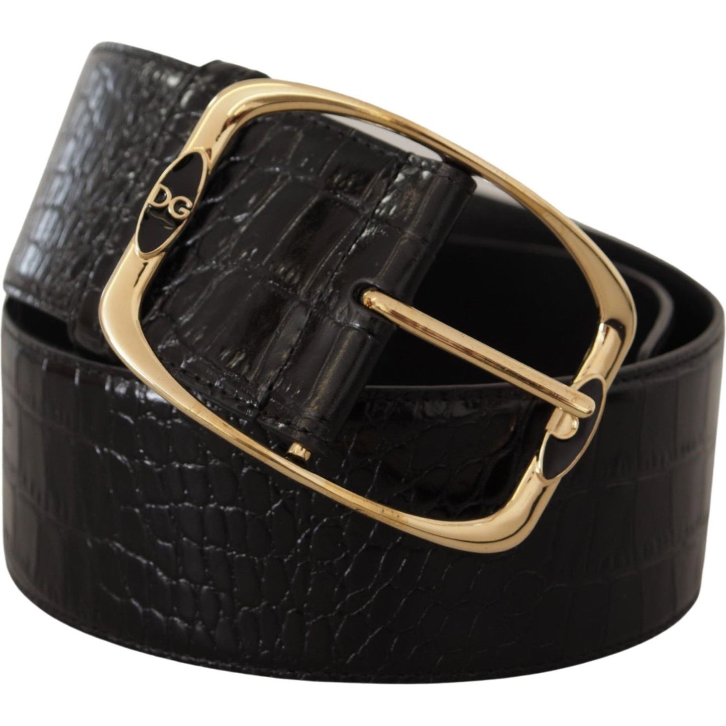 Dolce & Gabbana Black Crocodile Print Gold Metal DG Logo Buckle Belt