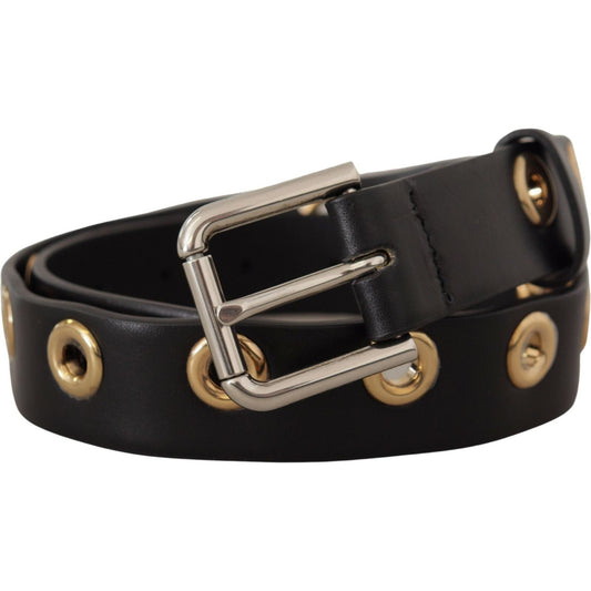Dolce & Gabbana Black Leather Eyelet Silver Tone Metal Buckle Belt BEL8615 - 70
