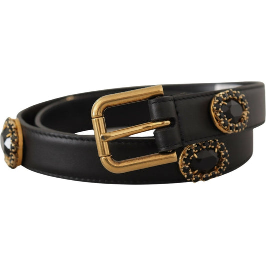 Dolce & Gabbana Black Leather Embellished Crystal Logo Belt BEL8618 - 85