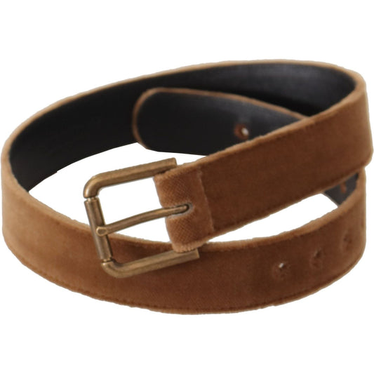 Dolce & Gabbana Brown Velvet Bronze Vintage Logo Metal Buckle Belt BEL8665 - 65