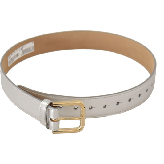 Dolce & Gabbana Silver Leather Gold Tone Logo Metal Buckle Belt BEL8669 - 65
