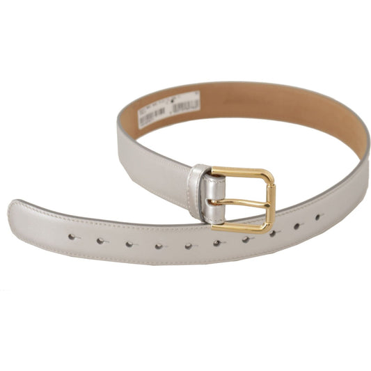 Dolce & Gabbana Silver Leather Gold Tone Logo Metal Buckle Belt BEL8669 - 65