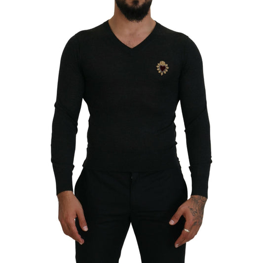 Dolce & Gabbana Gray Cashmere V-neck Gold Heart Sweater TSH83627- 44