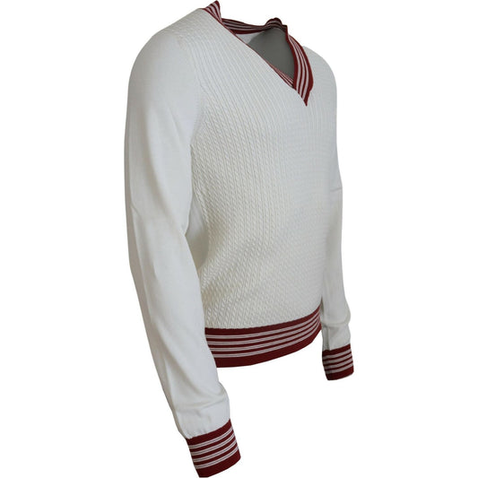 Dolce & Gabbana White Red Knitted V-neck Pullover Sweater TSH83751-46