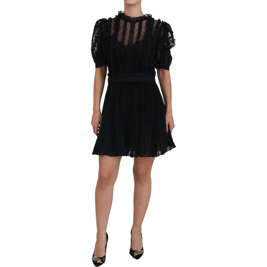 Dolce & Gabbana Black Lace Trim A-line Mini Nylon Dress