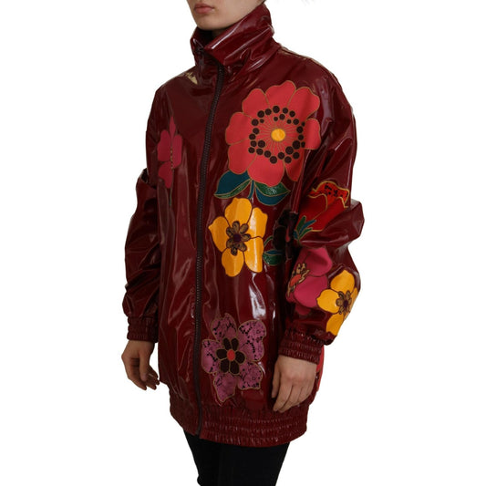 Dolce & Gabbana Maroon Floral Full Zip Polyester Women Jacket JKT3578- 40