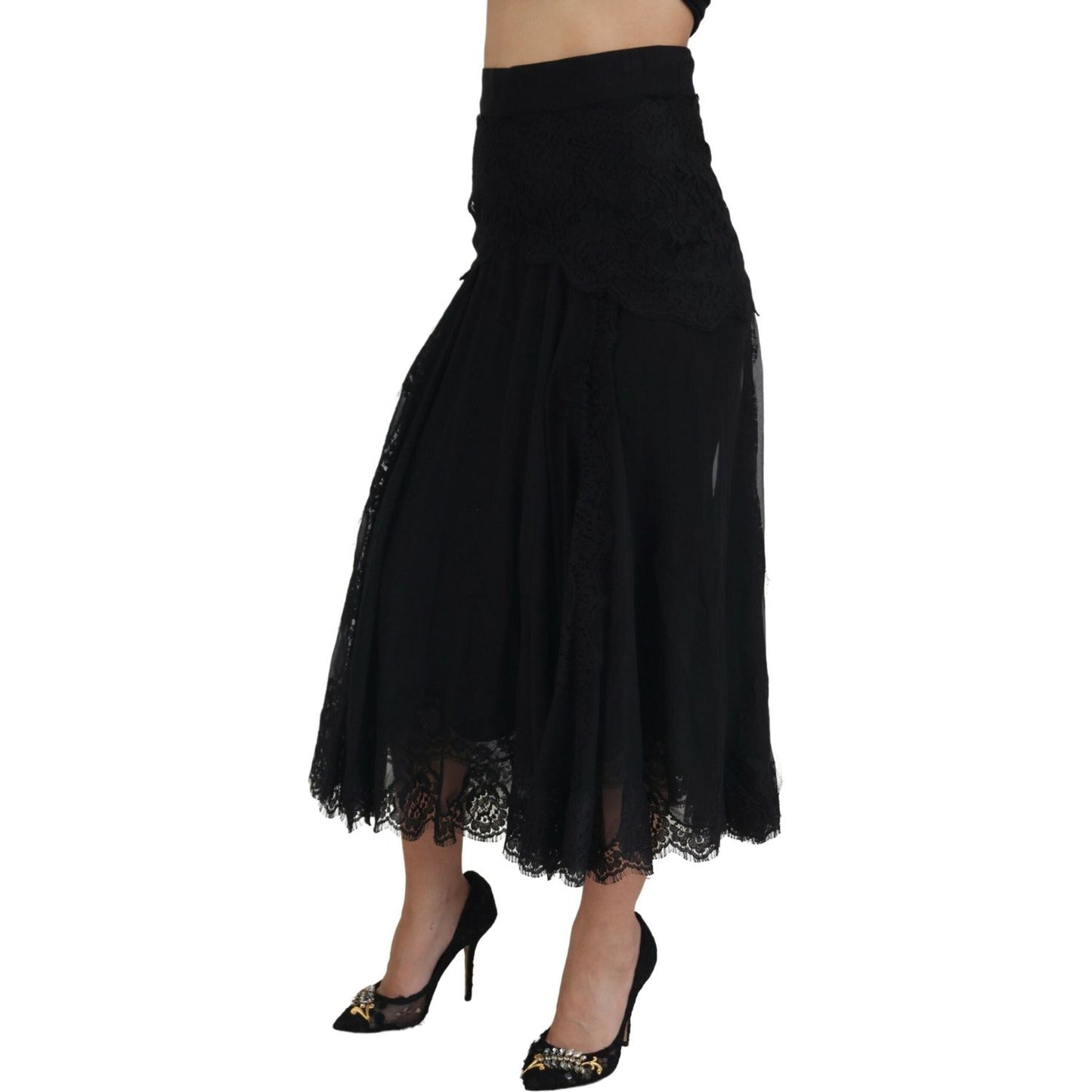Dolce & Gabbana Black Silk Lace Trim High Waist Midi Skirt SKI1908 - 40