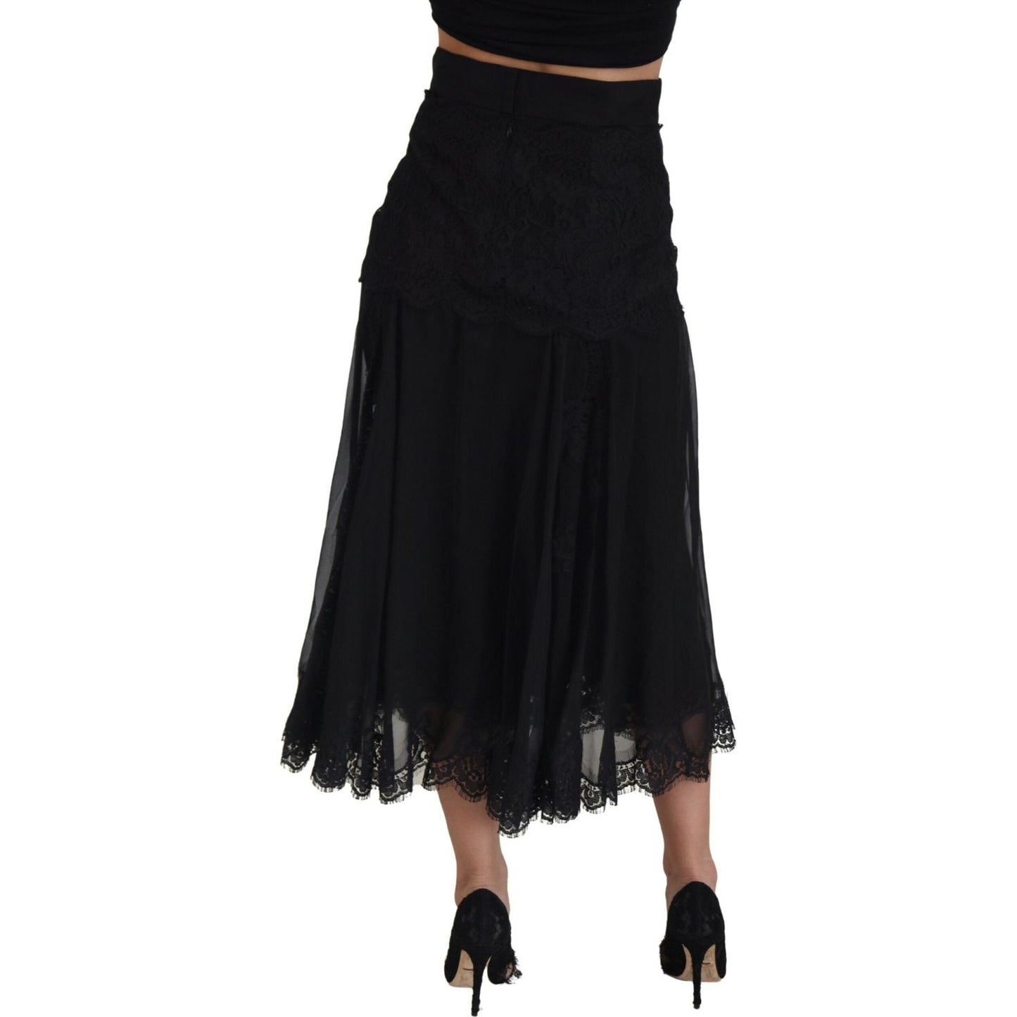 Dolce & Gabbana Black Silk Lace Trim High Waist Midi Skirt SKI1908 - 40