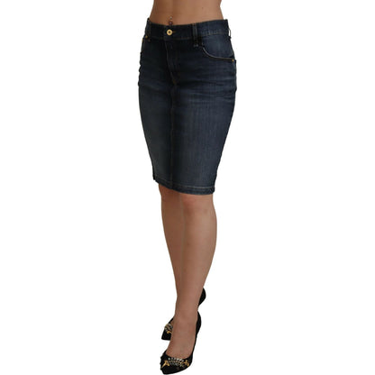 Fiorucci Dark Blue Washed Mid Waist Pencil Cut Denim Skirt