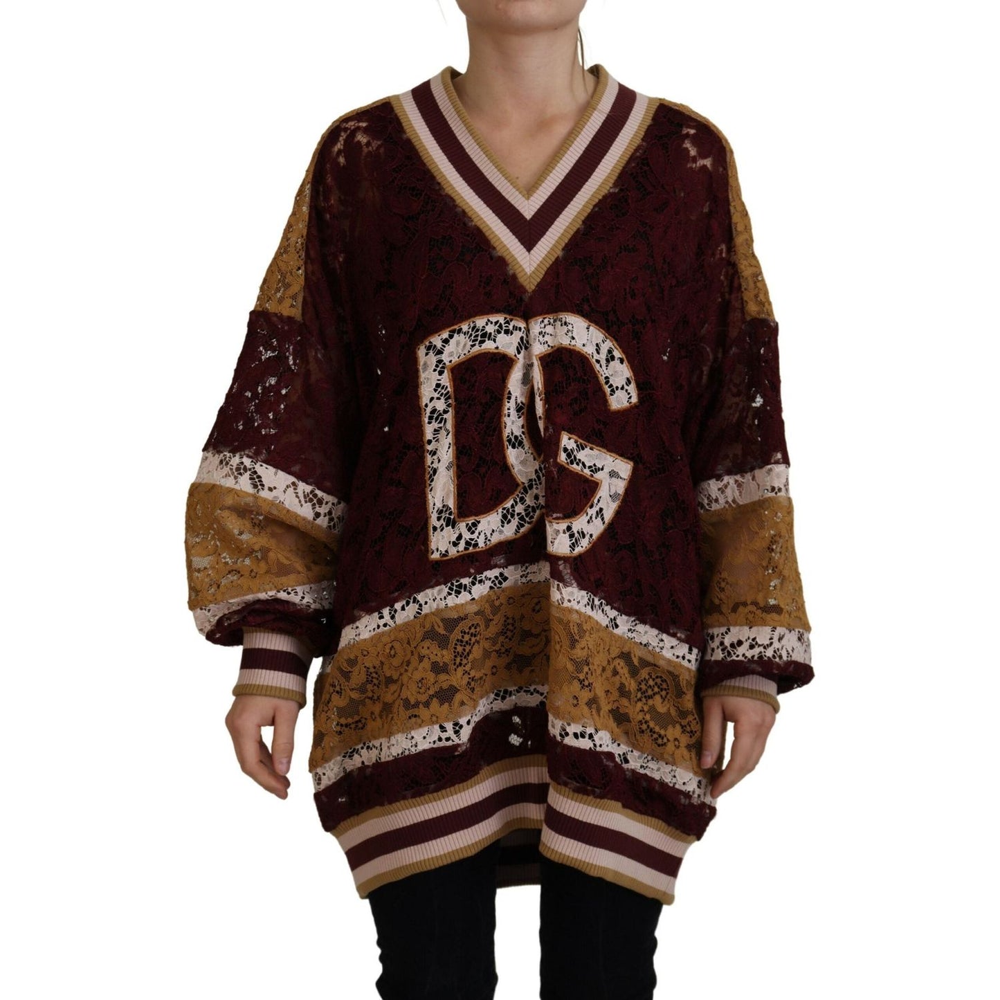Dolce & Gabbana Multicolor Lace V-neck Pullover Sweater TSH83758- 40