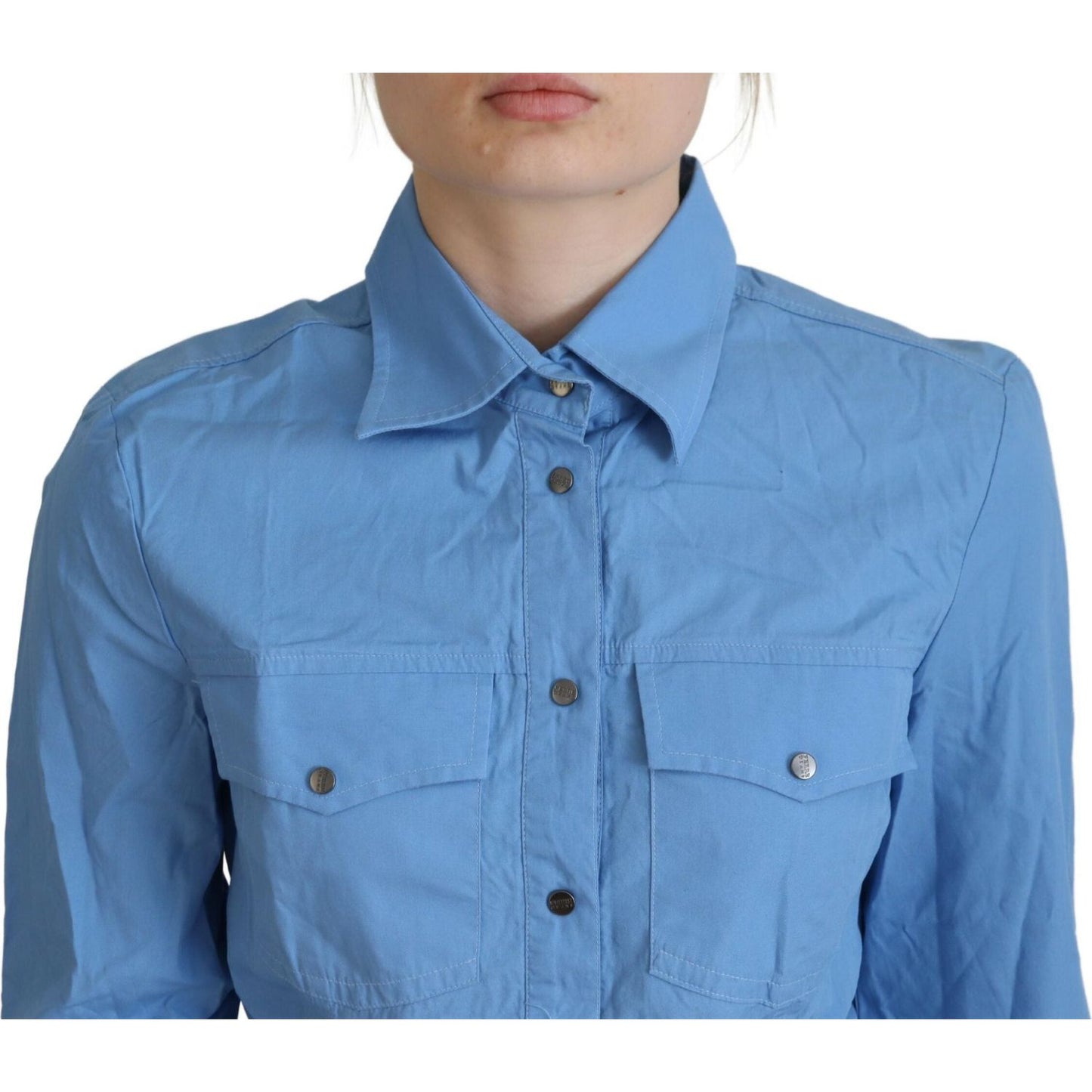 Ferre Blue Cotton Long Sleeves Collared Button Down Top