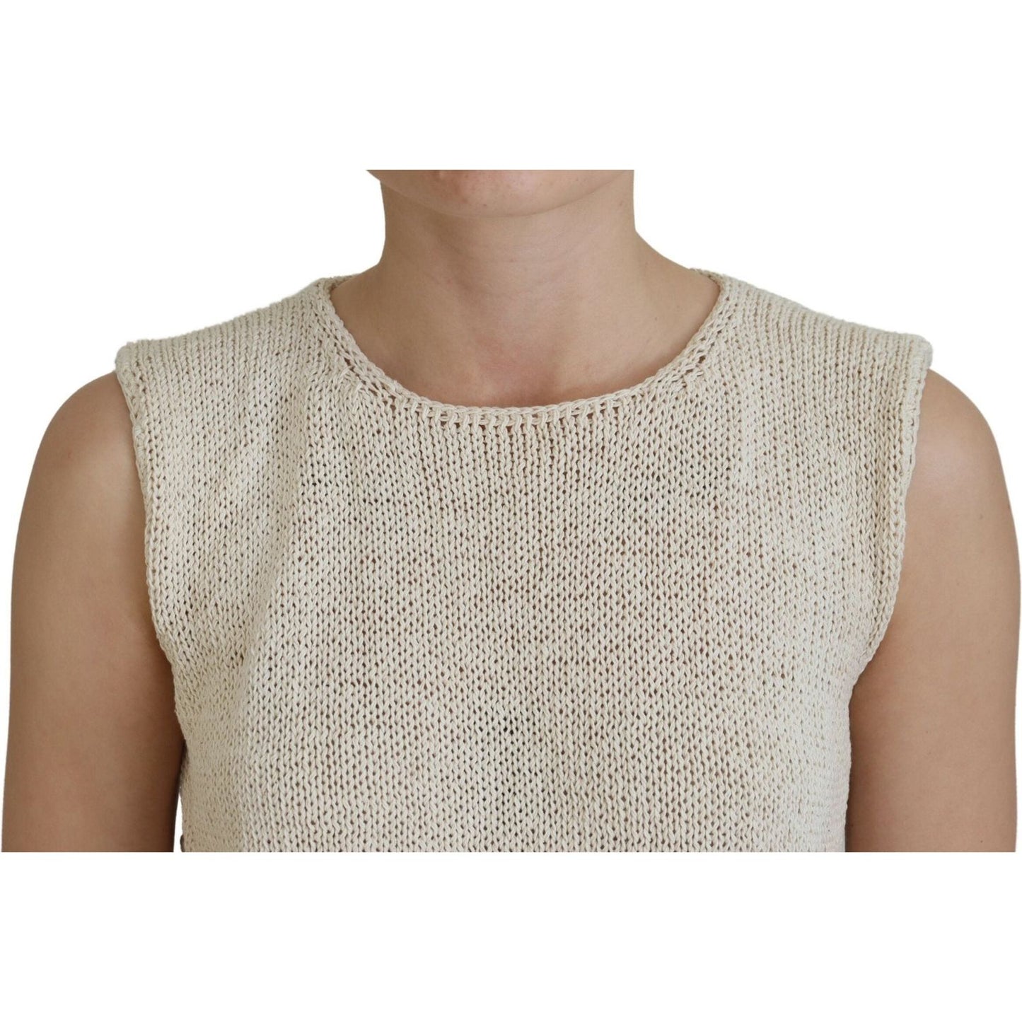 PINK MEMORIES Beige Cotton Blend Sleeveless Round Neck Tank Top