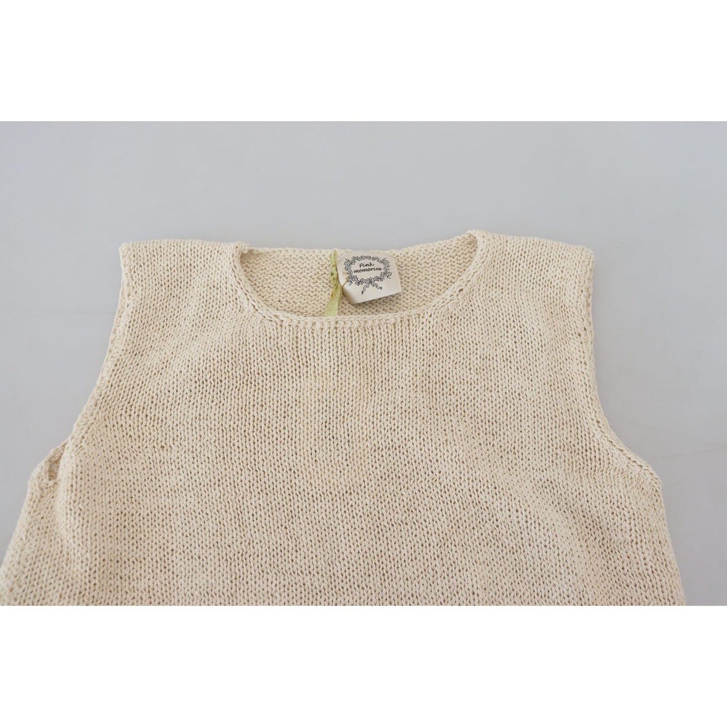 PINK MEMORIES Beige Cotton Blend Sleeveless Round Neck Tank Top