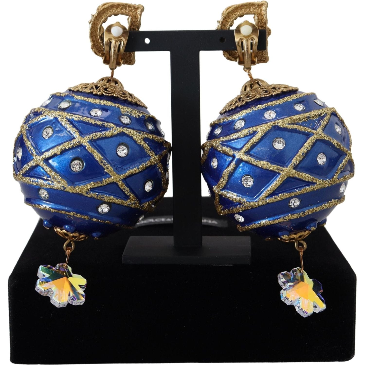 Dolce & Gabbana Gold Brass Blue Dangle Ball Crystal Clip On Earrings