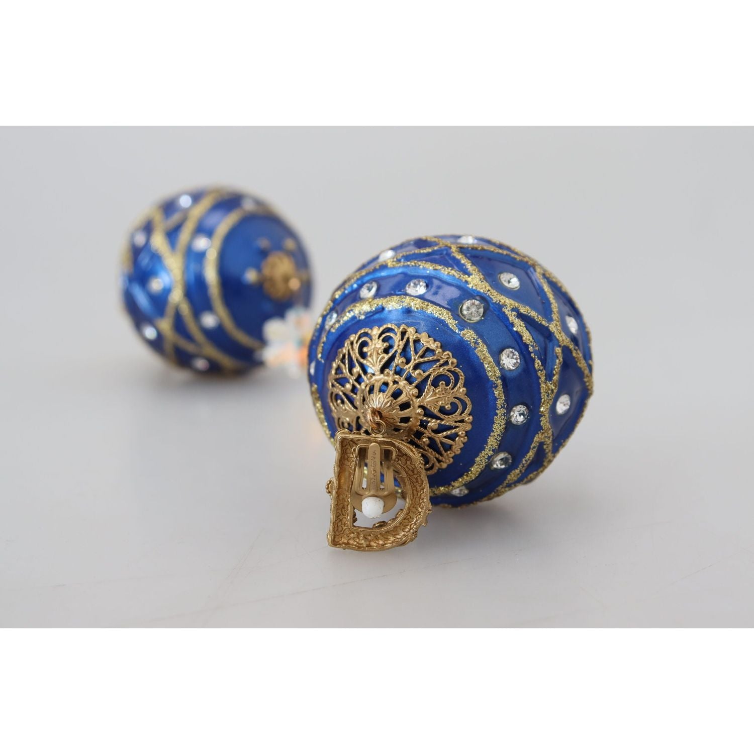 Dolce & Gabbana Gold Brass Blue Dangle Ball Crystal Clip On Earrings